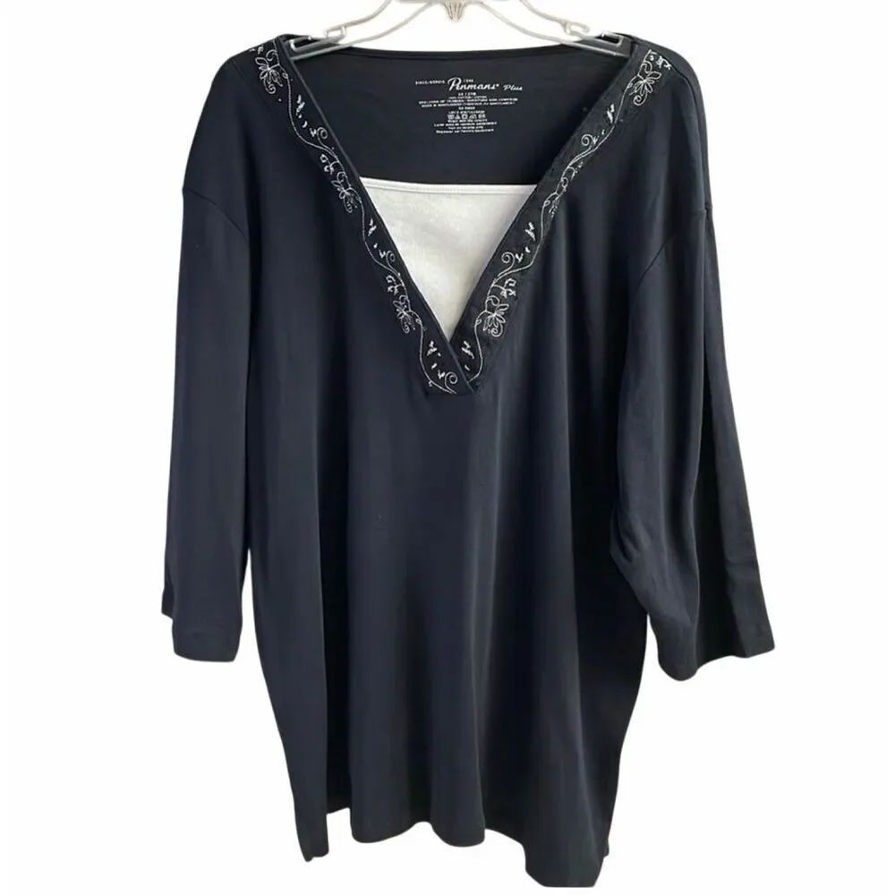 Penmans Plus 2X Black Embroidered Top Cotton Boho Cottagecore Casual Chic